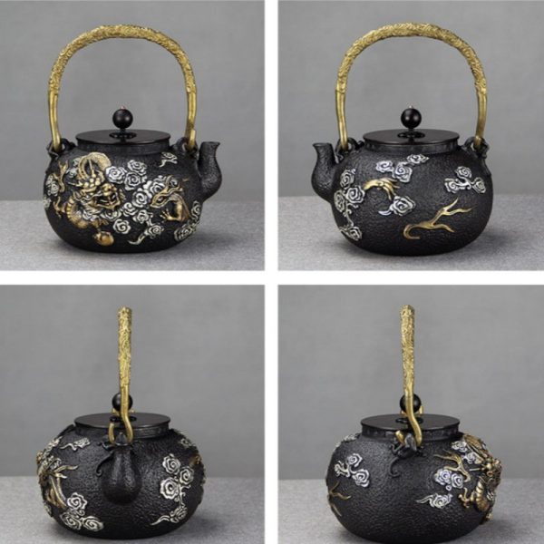 Antique Asian Gold Dragon and Silver Clouds Cast Iron Tetsubin Teapot