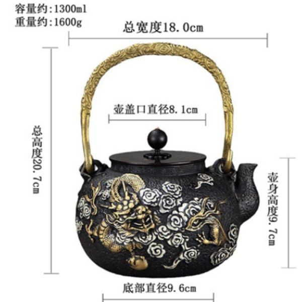 Antique Asian Gold Dragon and Silver Clouds Cast Iron Tetsubin Teapot