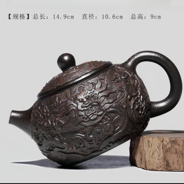 Vintage Handmade Chinese Dragon Teapot Crafted From Black Gold Sand Clay With Carving Dragon Pattern