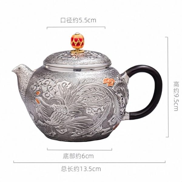 Antique Enamel Color Handcraft Sterling Silver Dragon Teapot With Carving Dragon And Phoenix Pattern