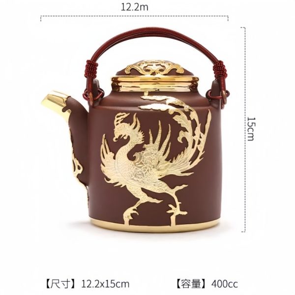 Antique Gold Inlaid with Jade Dragon and Phoenix Pattern Purple Clay Teapot Large Capacity with Handle