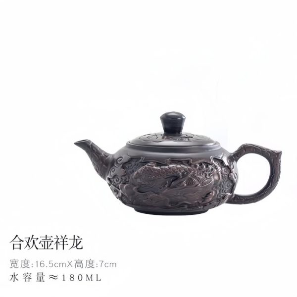 Vintage Purple Pottery Chinese Dragon Teapot Featuring Relief Auspicious Dragon Pattern