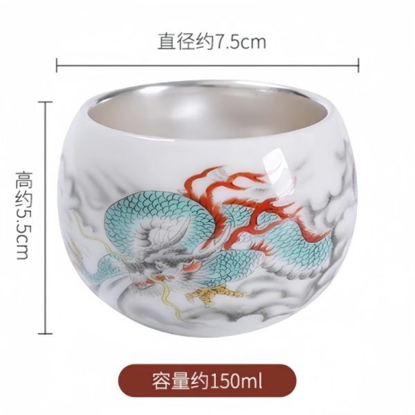 Hand-painted Cloud Dragon Sterling Silver liner Chinese Porcelain Kungfu Tea Cup