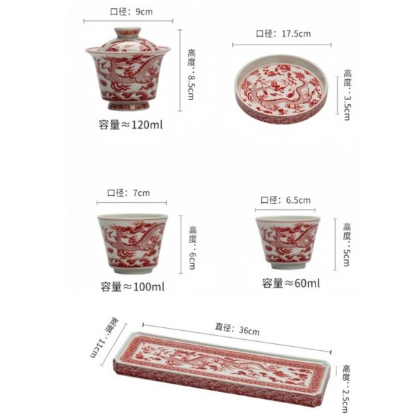 Traditional Chinese Year of the Dragon Vintage Jingdezhen Porcelain Red Dragon Themed Tea Cup Set