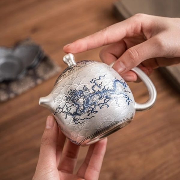 Antique Elegant Gilt Silver Tea Sets with Blue and White Porcelain Exclusive Dragon Pattern