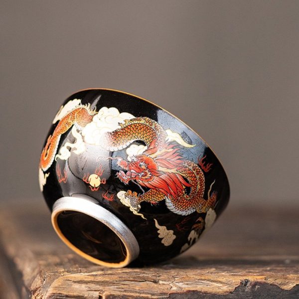 Year of The Dragon Elegant Black Glaze Hand Painted Red Dragon Chinese Ceramic Tea Cup