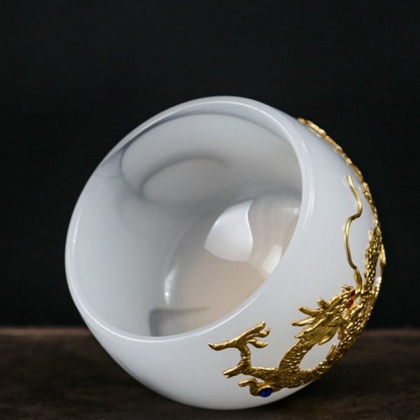 Ink White Jade Colored Glaze Chinese Chawan Tea Cup Inlaid with Golden Dragon