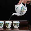 Delicate White Ceramic Semi-Automatic Gongfu Tea Pot Set with Gilded Ornate Dragon Design