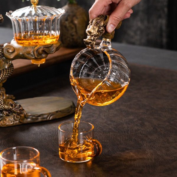 Antique Brown Traditional Year of the Dragon Chinese Tea Cup Set with Semi-Automatic Lazy Design