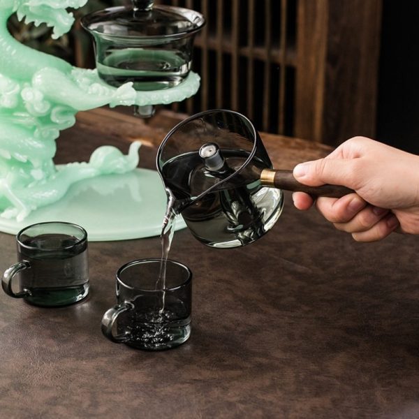 Chinese Grey Jade Green Majestic Dragon Semi-Automatic Lazy Antique Kungfu Tea Cup Set