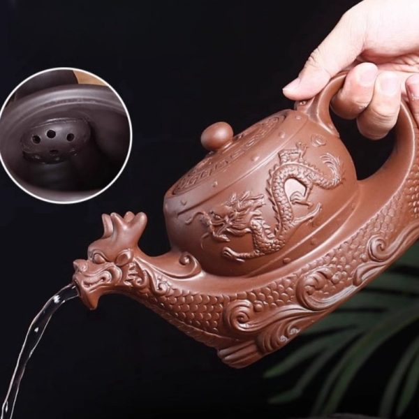 Gongfu Teapot in Dragon Boat Shape with Strainer Crafted from Black and Brown Yixing Clay Chinese Design