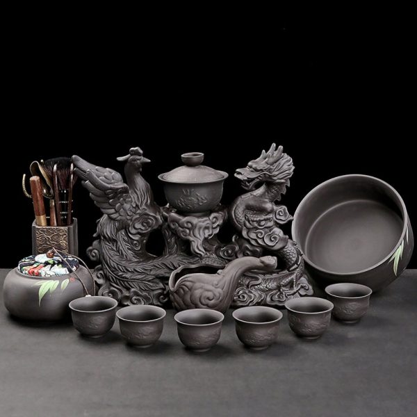 Delicate Vintage Porcelain Phoenix and Dragon Pattern Semi-Automatic Lazy Tea Set