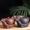 Gongfu Teapot in Dragon Boat Shape with Strainer Crafted from Black and Brown Yixing Clay Chinese Design