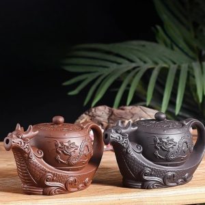 Gongfu Teapot in Dragon Boat Shape with Strainer Crafted from Black and Brown Yixing Clay Chinese Design