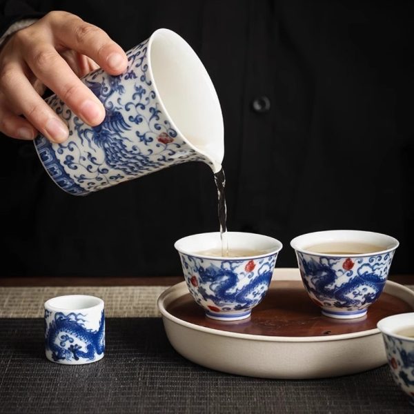 Vintage Elegant Chinese Blue and White Porcelain Dragon Phoenix Luxury Gongfu Tea Cup Set