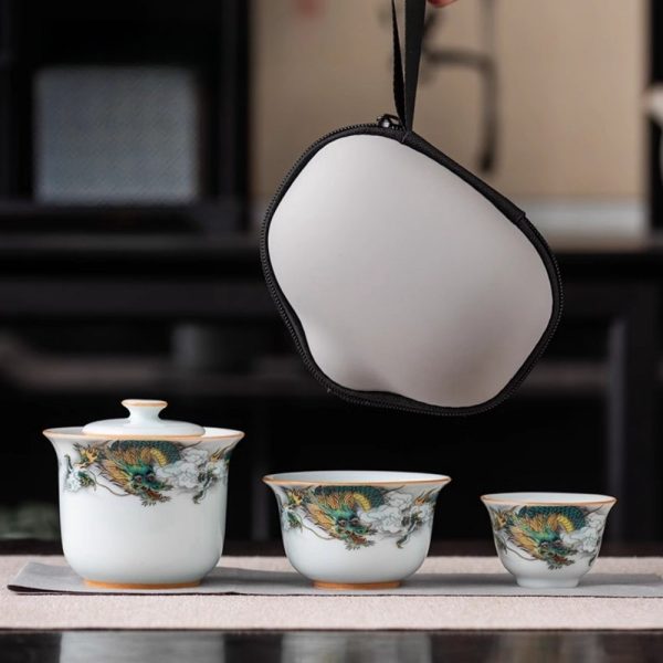 Antique Compact Ceramic Green Dragon Theme Travel Tea Set with Portable Bag