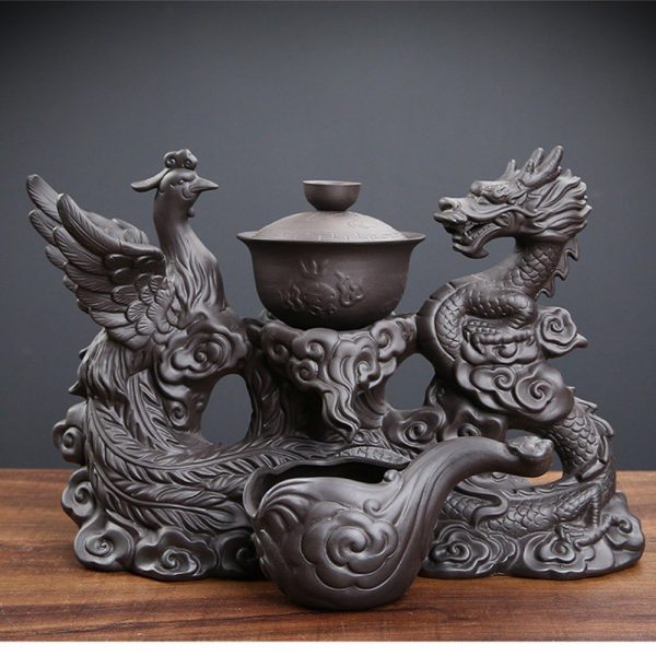 Delicate Vintage Porcelain Phoenix and Dragon Pattern Semi-Automatic Lazy Tea Set