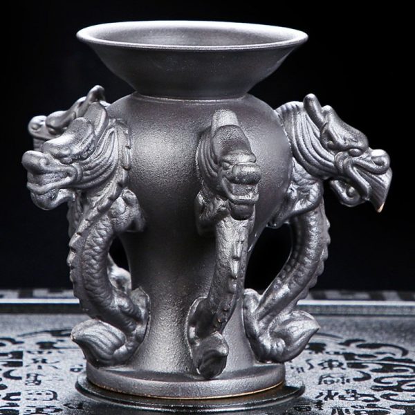 Ancient Sculptural Five Dragon Chinese Black Pottery Semi-Automatic Gongfu Tea Pot Set
