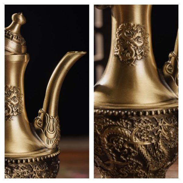 Ancient Tall Brass Teapot with Dragon and Phoenix Theme Handcrafted for Sale