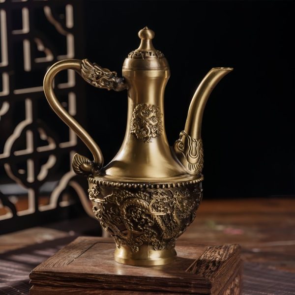 Ancient Tall Brass Teapot with Dragon and Phoenix Theme Handcrafted for Sale