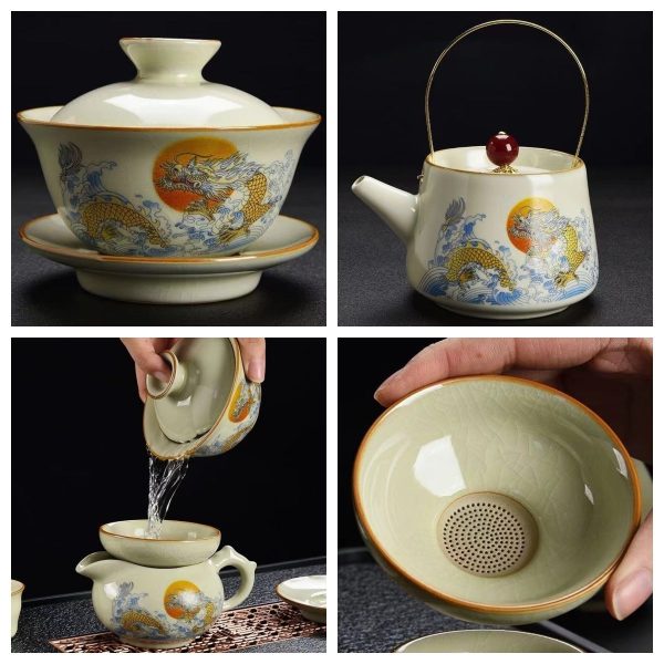 Golden Dragon Traditional Antique Pattern Ceramic Ancient Chinese Tea Ceremony Set