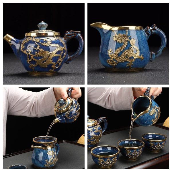 Porcelain Blue Glaze Inlaid with Gold Dragon Noble Luxury Chinese Ceremony Tea Set