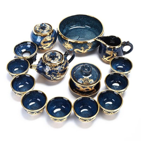 Porcelain Blue Glaze Inlaid with Gold Dragon Noble Luxury Chinese Ceremony Tea Set
