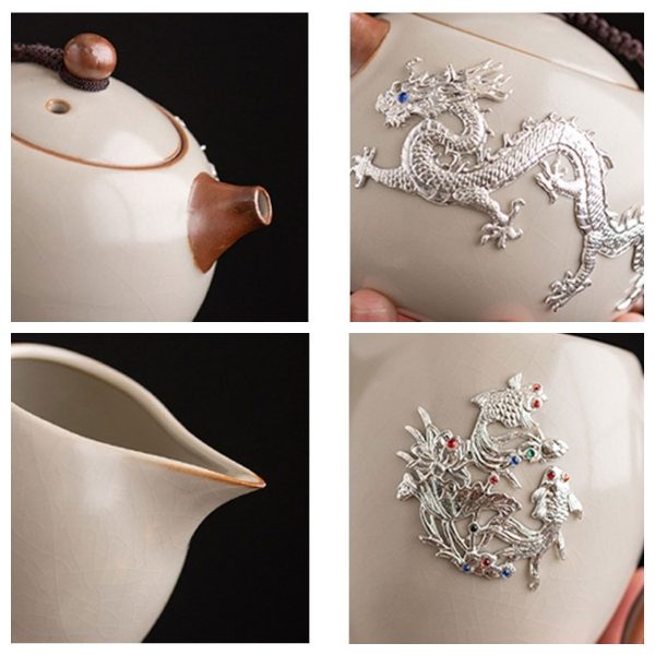 Ceramic Antique Inlaid Sterling Silver Dragon Traditional Luxury Chinese Export Tea Ceremony Set