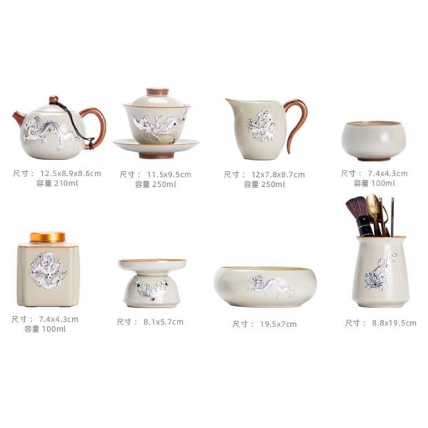 Ceramic Antique Inlaid Sterling Silver Dragon Traditional Luxury Chinese Export Tea Ceremony Set