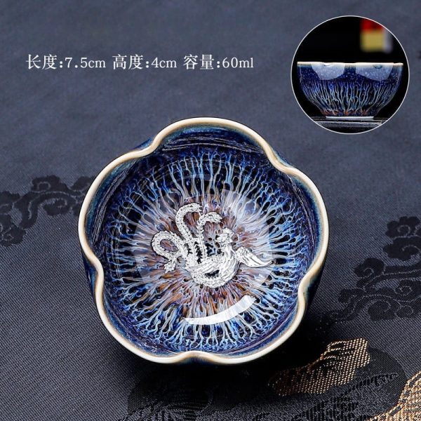 Inlaid Silver Dragon Flower Shaped Tenmoku Jianzhan Ceramic Tea Cup