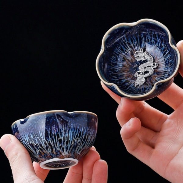 Inlaid Silver Dragon Flower Shaped Tenmoku Jianzhan Ceramic Tea Cup