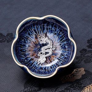 Inlaid Silver Dragon Flower Shaped Tenmoku Jianzhan Ceramic Tea Cup