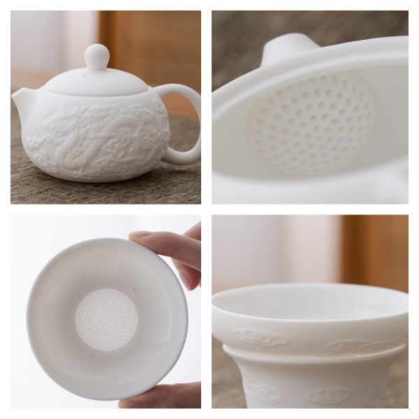 Luxurious Mutton Fat Jade White Porcelain Graceful Embossed Dragon Antique Chinese Tea Set