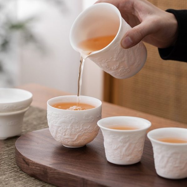 Luxurious Mutton Fat Jade White Porcelain Graceful Embossed Dragon Antique Chinese Tea Set