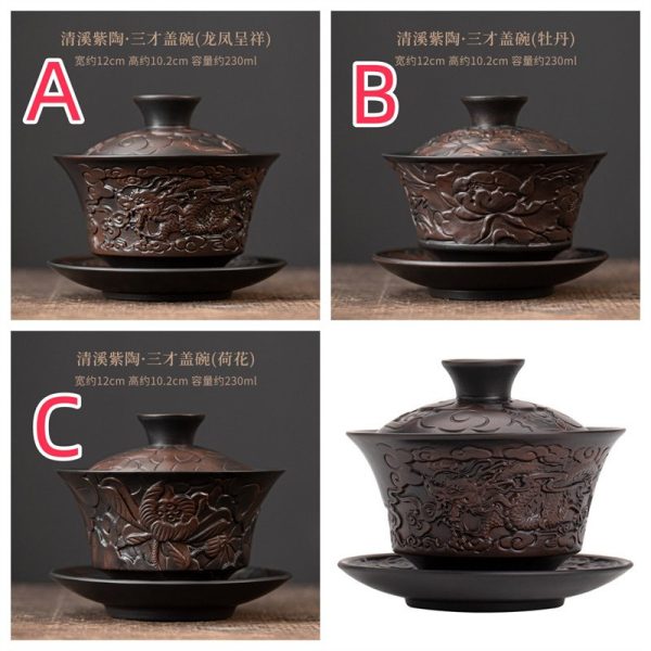 Antique Handmade Exquisitely Carved Purple Clay Dragon Gaiwan Tea Cup