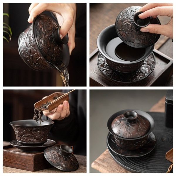 Antique Handmade Exquisitely Carved Purple Clay Dragon Gaiwan Tea Cup