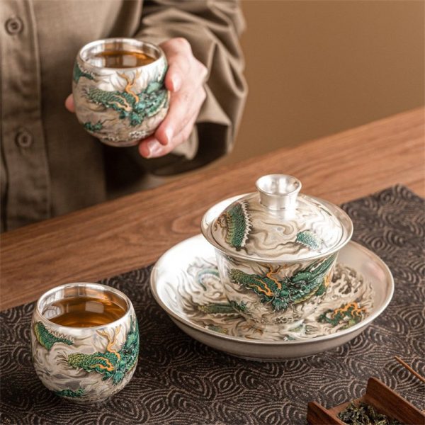 150ml Fine Silver Glaze Mighty Green Dragon Porcelain Gaiwan Teapot