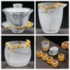 Large Inlaid Pure Gold Dragon Ink White Jade Frosted Crystal Gaiwan Tea Set