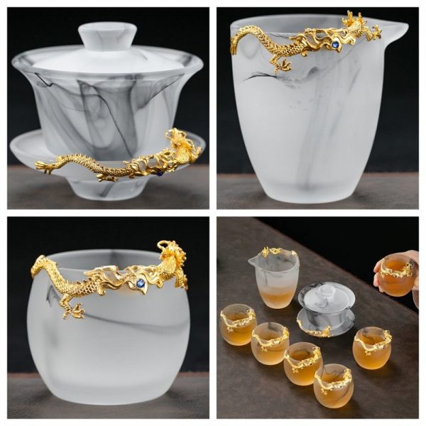 Large Inlaid Pure Gold Dragon Ink White Jade Frosted Crystal Gaiwan Tea Set