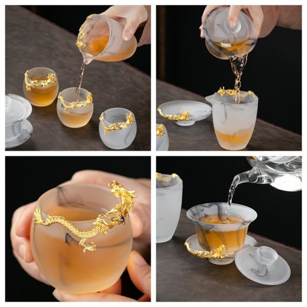 Large Inlaid Pure Gold Dragon Ink White Jade Frosted Crystal Gaiwan Tea Set