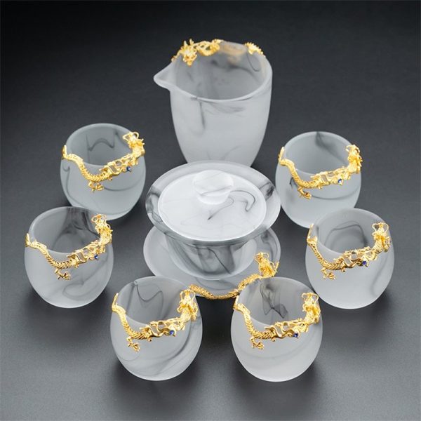 Large Inlaid Pure Gold Dragon Ink White Jade Frosted Crystal Gaiwan Tea Set