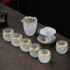 Large Inlaid Pure Gold Dragon Ink White Jade Frosted Crystal Gaiwan Tea Set
