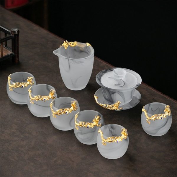 Large Inlaid Pure Gold Dragon Ink White Jade Frosted Crystal Gaiwan Tea Set