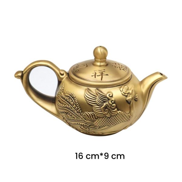 Handcrafted Brass Teapot with Embossed Dragon and Phoenix Pattern Antique