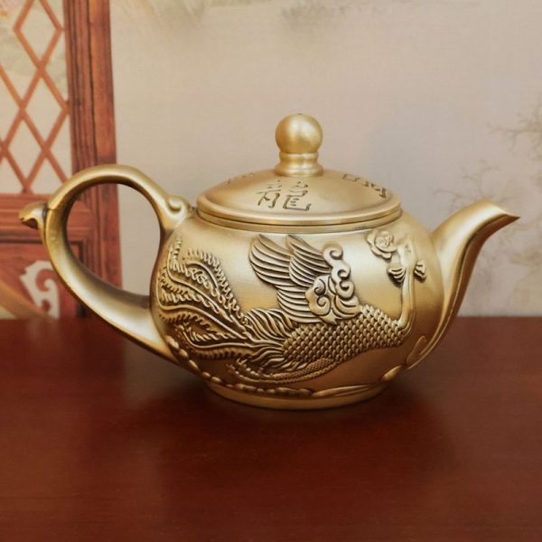 Handcrafted Brass Teapot with Embossed Dragon and Phoenix Pattern Antique