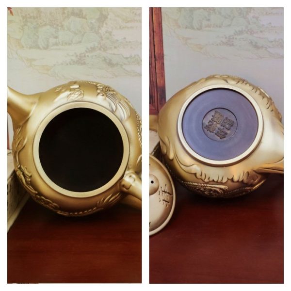 Handcrafted Brass Teapot with Embossed Dragon and Phoenix Pattern Antique