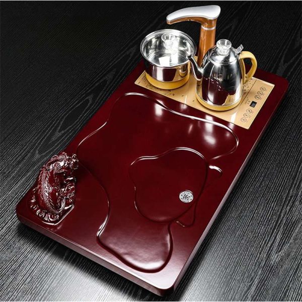 Pixiu Themed Gongfu Tea Set with Jianzhan Cups and Red Wooden Tea Tray