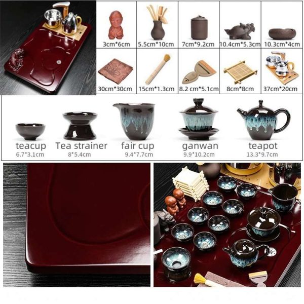 Pixiu Themed Gongfu Tea Set with Jianzhan Cups and Red Wooden Tea Tray