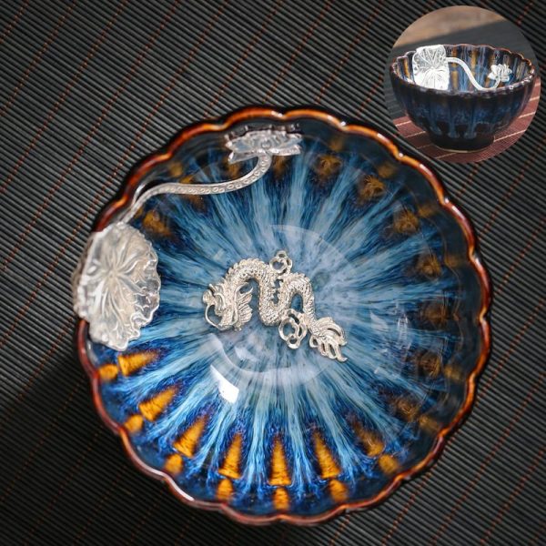 Blue Flame Pattern inlaid Silver Lotus Leaf and Dragon Jian Zhan Handmade Tea Cup