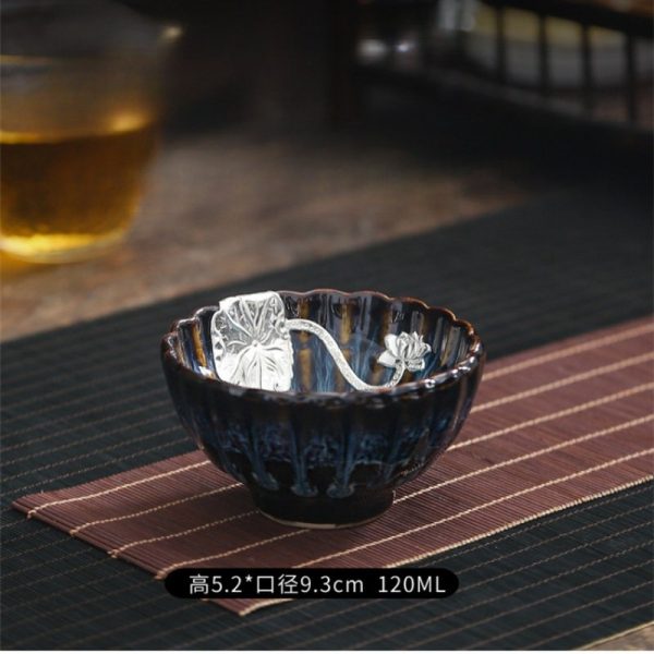 Blue Flame Pattern inlaid Silver Lotus Leaf and Dragon Jian Zhan Handmade Tea Cup